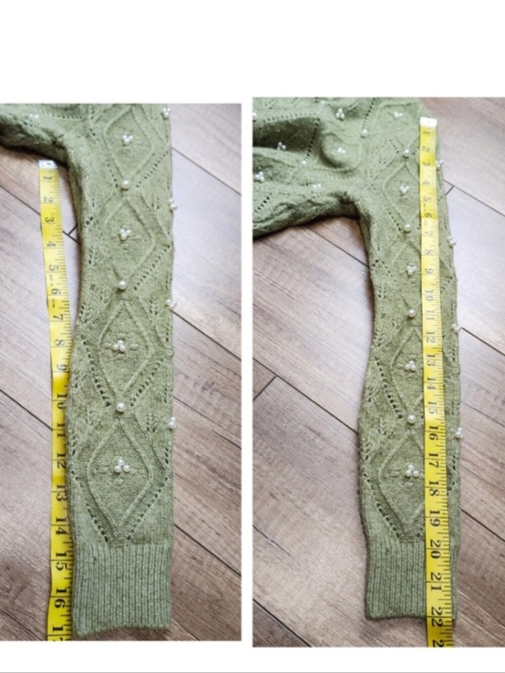 Zara Women's faux pearls diamond cable knit Mock Neck semi crop Green sweater S - Picture 12 of 15